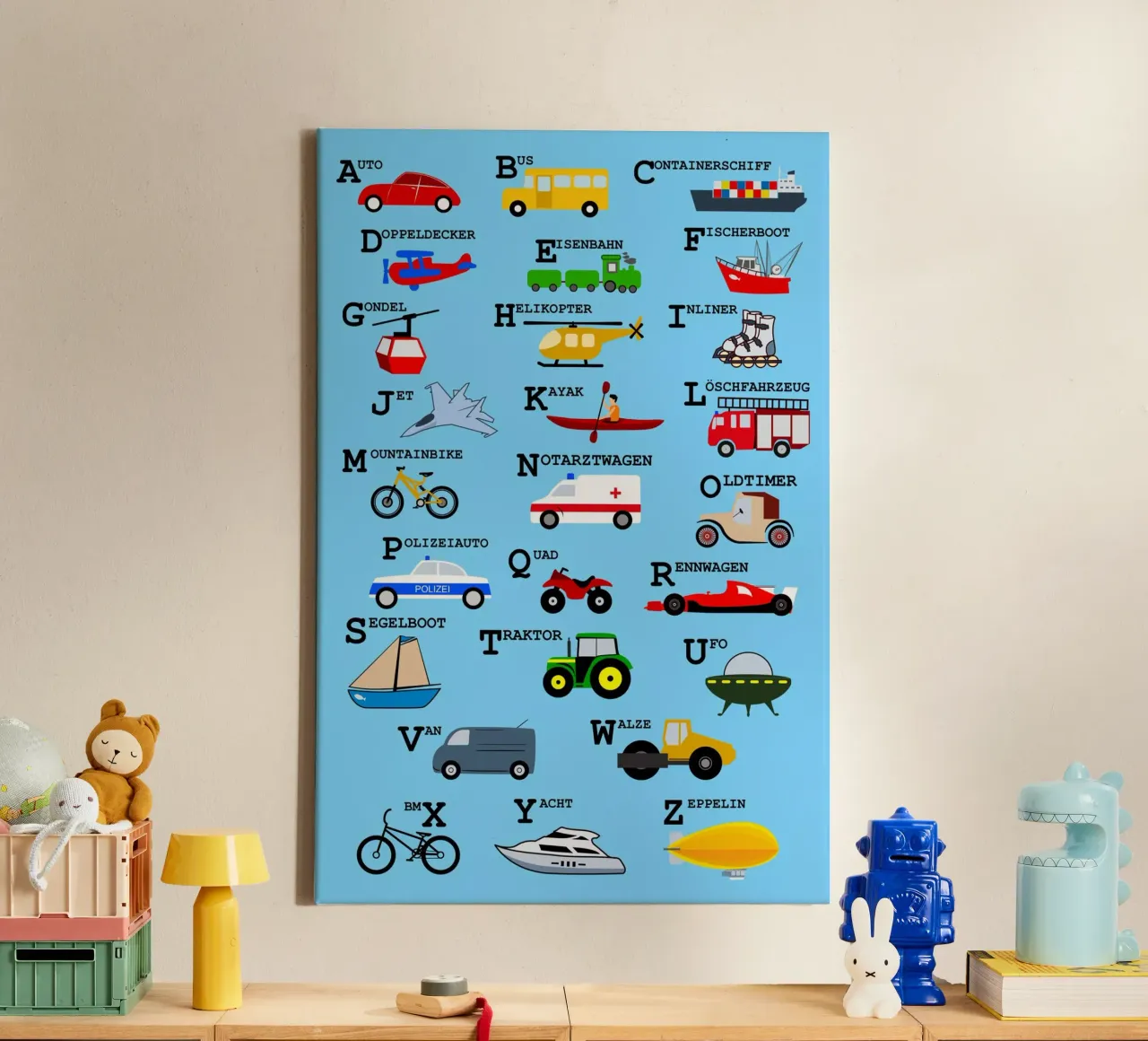ABC Alphabet - Verkehrsmittel tela con Cornice a cassetta da Fjöllart