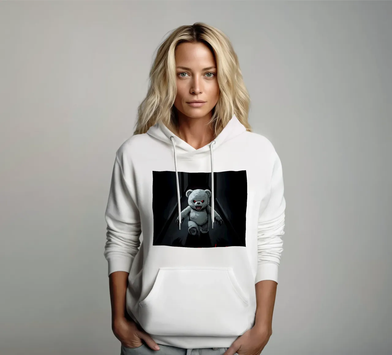 Orsacchiotto minaccioso in un corridoio buio con testo RUN felpa con cappuccio da DesignDoodle