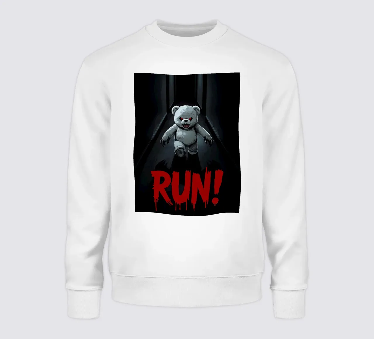Ourson menaçant dans un couloir sombre avec texte RUN sweat de DesignDoodle