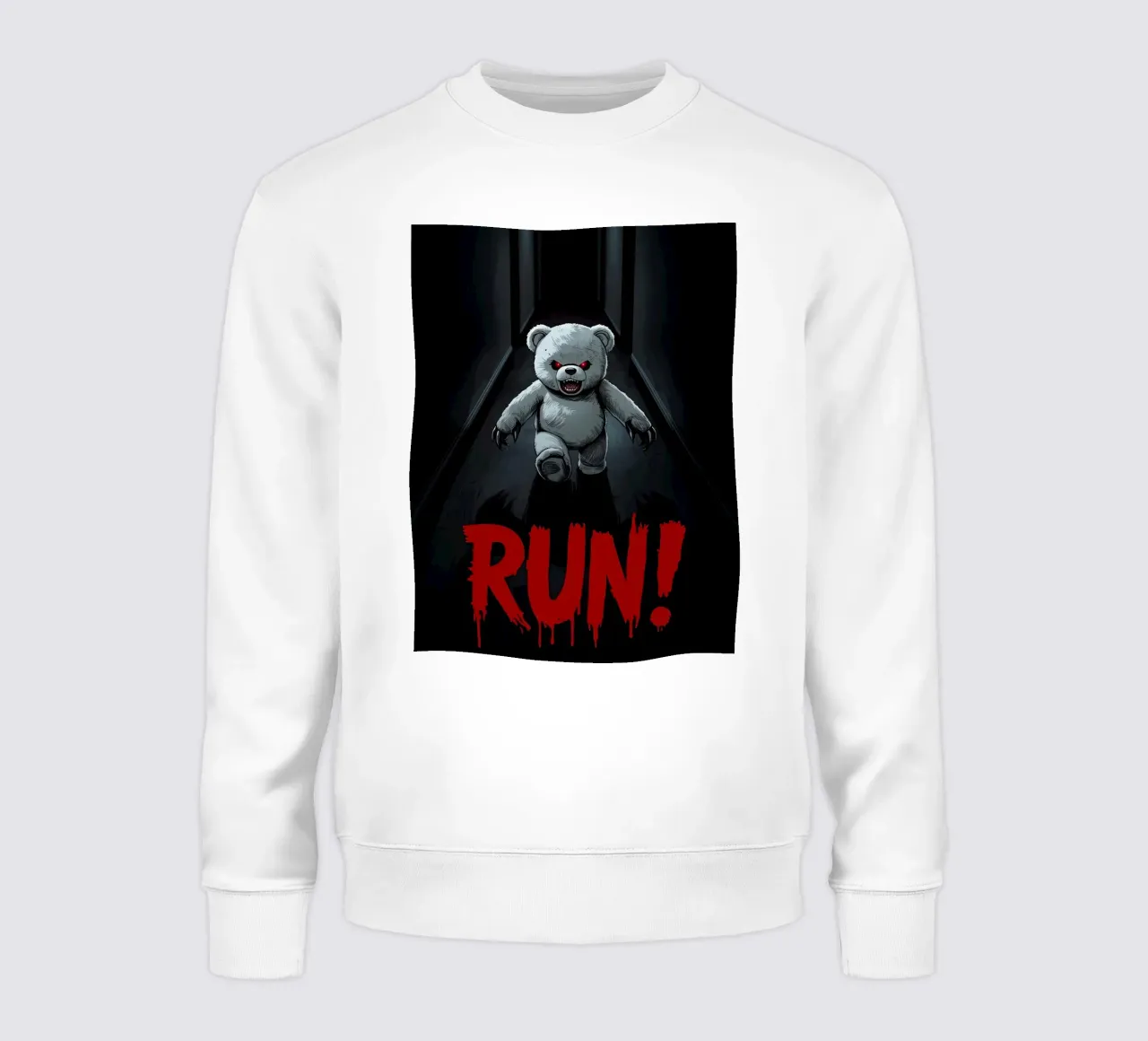Orsacchiotto minaccioso in un corridoio buio con testo RUN felpa da DesignDoodle