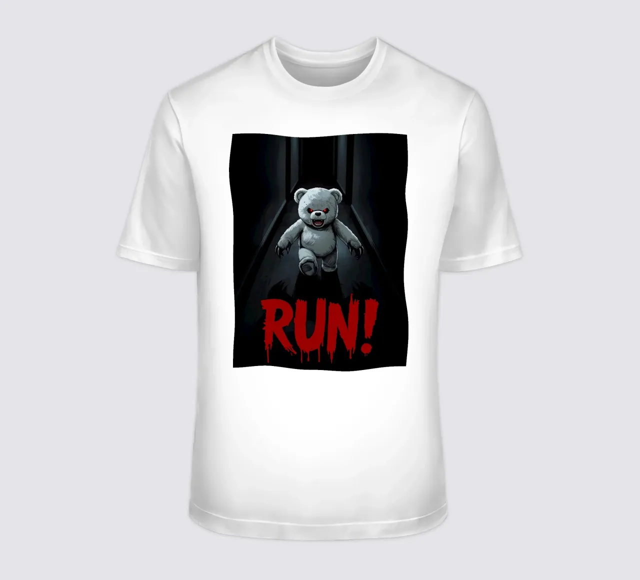 Orsacchiotto minaccioso in un corridoio buio con testo RUN t-shirt da DesignDoodle