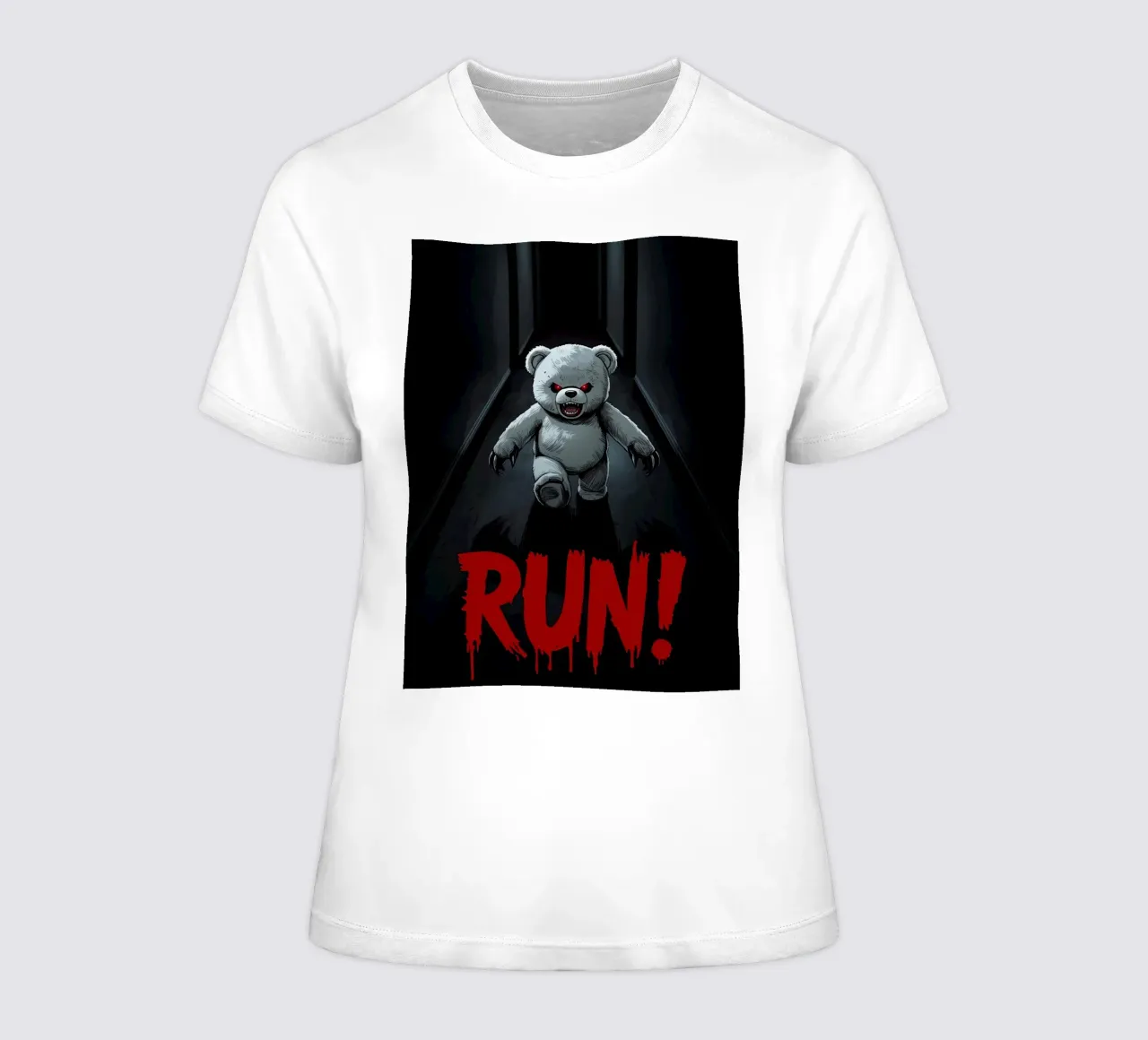 Orsacchiotto minaccioso in un corridoio buio con testo RUN t-shirt da donna da DesignDoodle