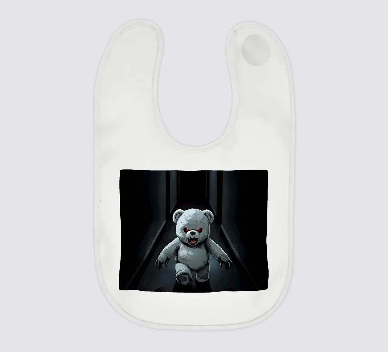 Orsacchiotto minaccioso in un corridoio buio con testo RUN bavaglino da DesignDoodle