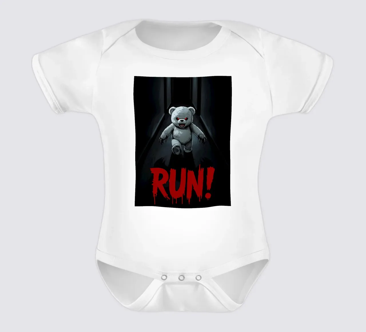 Menacing Teddy Bear in Dark Hallway with RUN Text short-sleeve baby romper by DesignDoodle