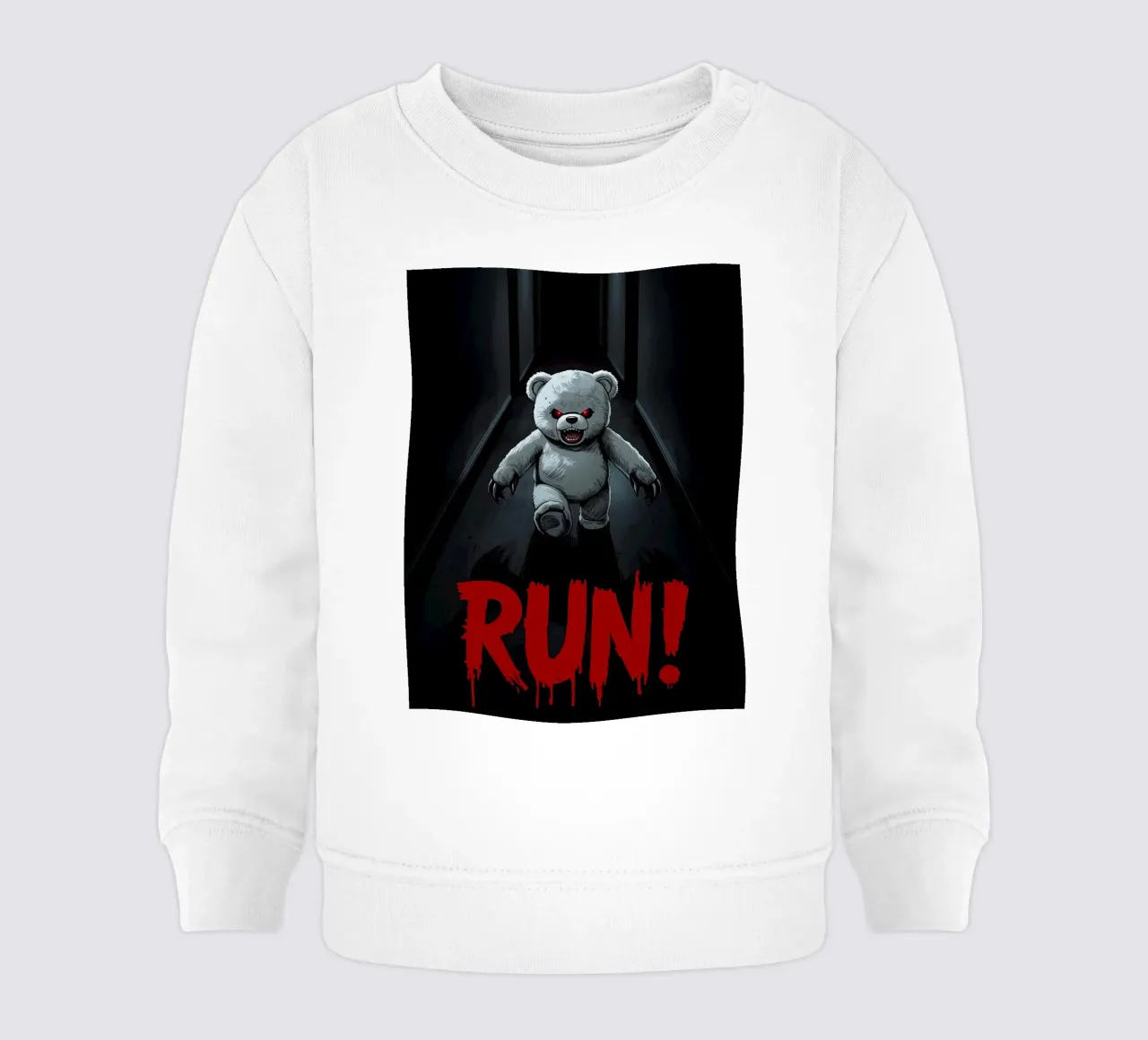 Orsacchiotto minaccioso in un corridoio buio con testo RUN felpa neonato da DesignDoodle