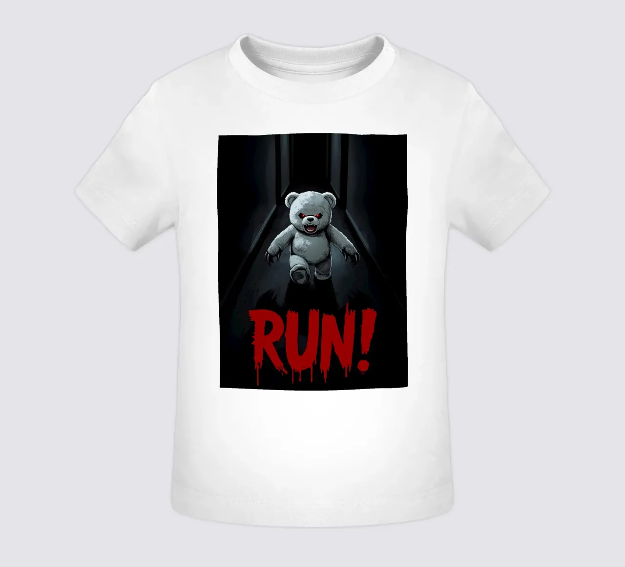 Orsacchiotto minaccioso in un corridoio buio con testo RUN maglietta neonato da DesignDoodle