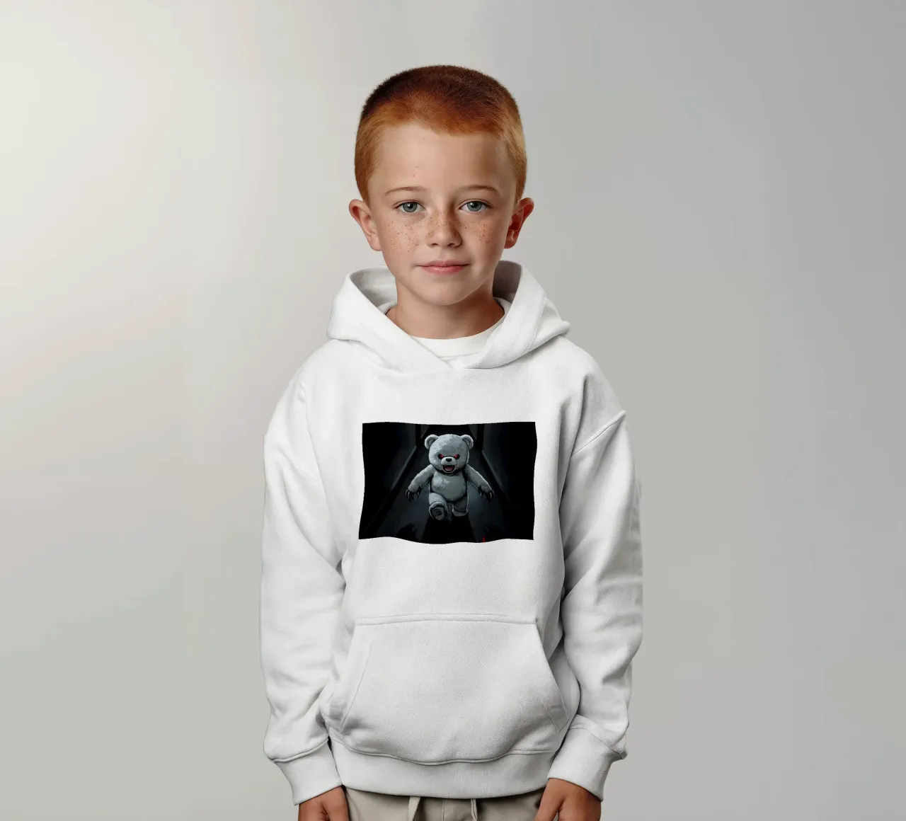 Orsacchiotto minaccioso in un corridoio buio con testo RUN felpa bambino con cappuccio da DesignDoodle
