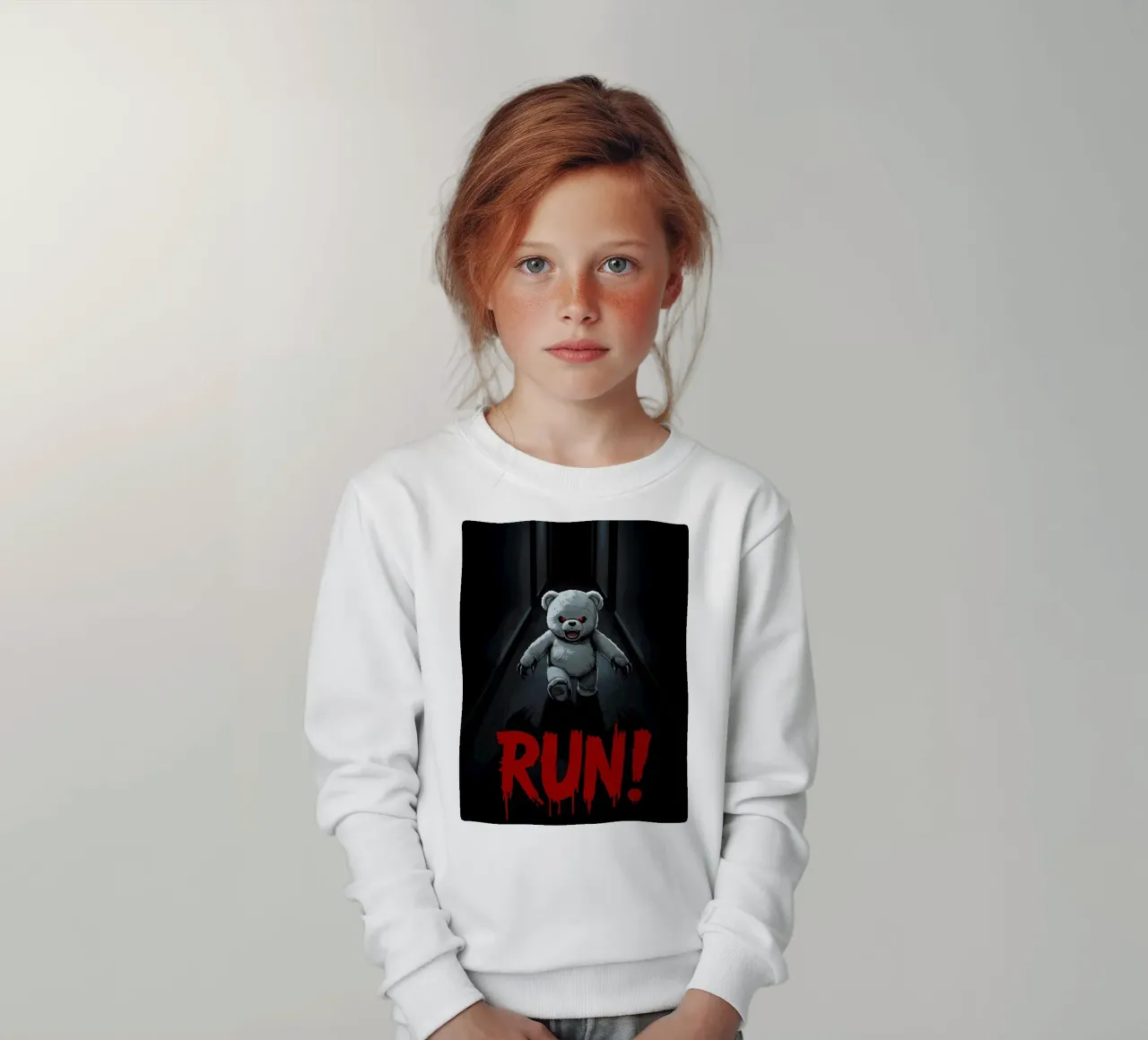 Orsacchiotto minaccioso in un corridoio buio con testo RUN felpa bambino da DesignDoodle