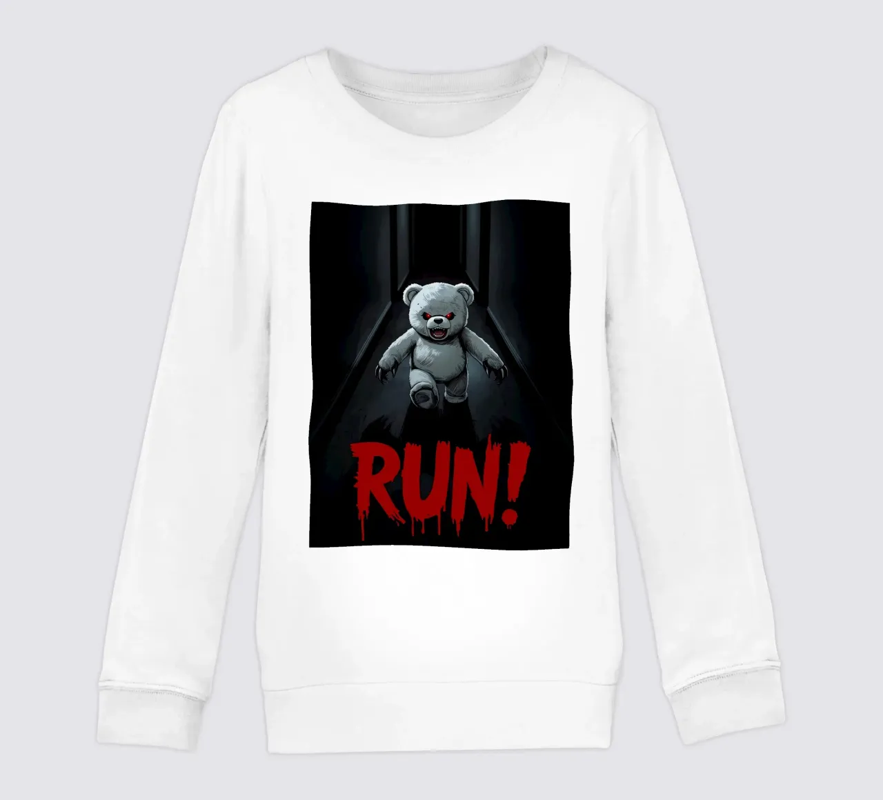 Orsacchiotto minaccioso in un corridoio buio con testo RUN felpa bambino da DesignDoodle