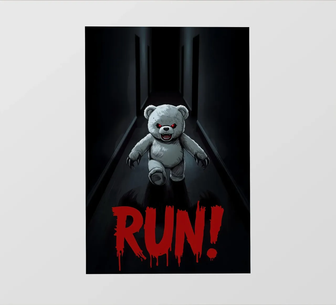 Orsacchiotto minaccioso in un corridoio buio con testo RUN pellicola backlit da DesignDoodle