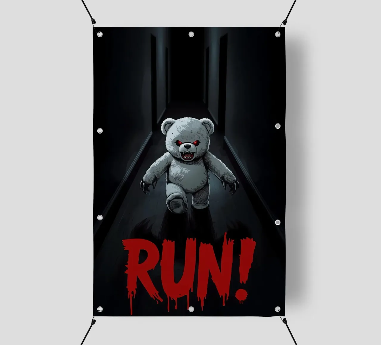 Orsacchiotto minaccioso in un corridoio buio con testo RUN telo in pvc da DesignDoodle