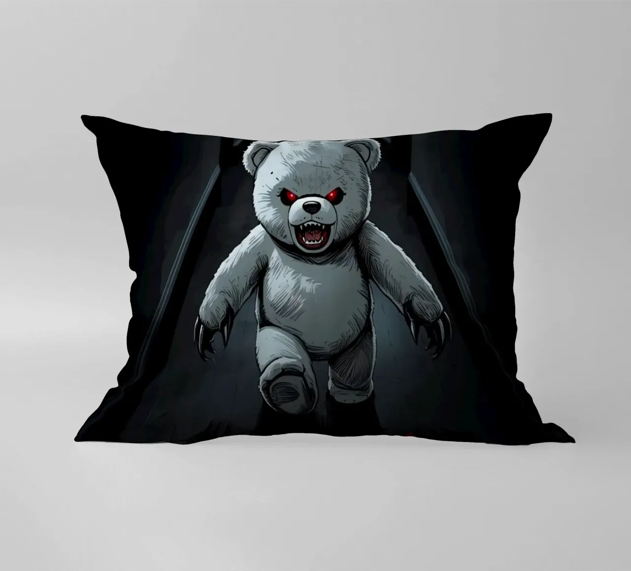 Orsacchiotto minaccioso in un corridoio buio con testo RUN cuscino da DesignDoodle