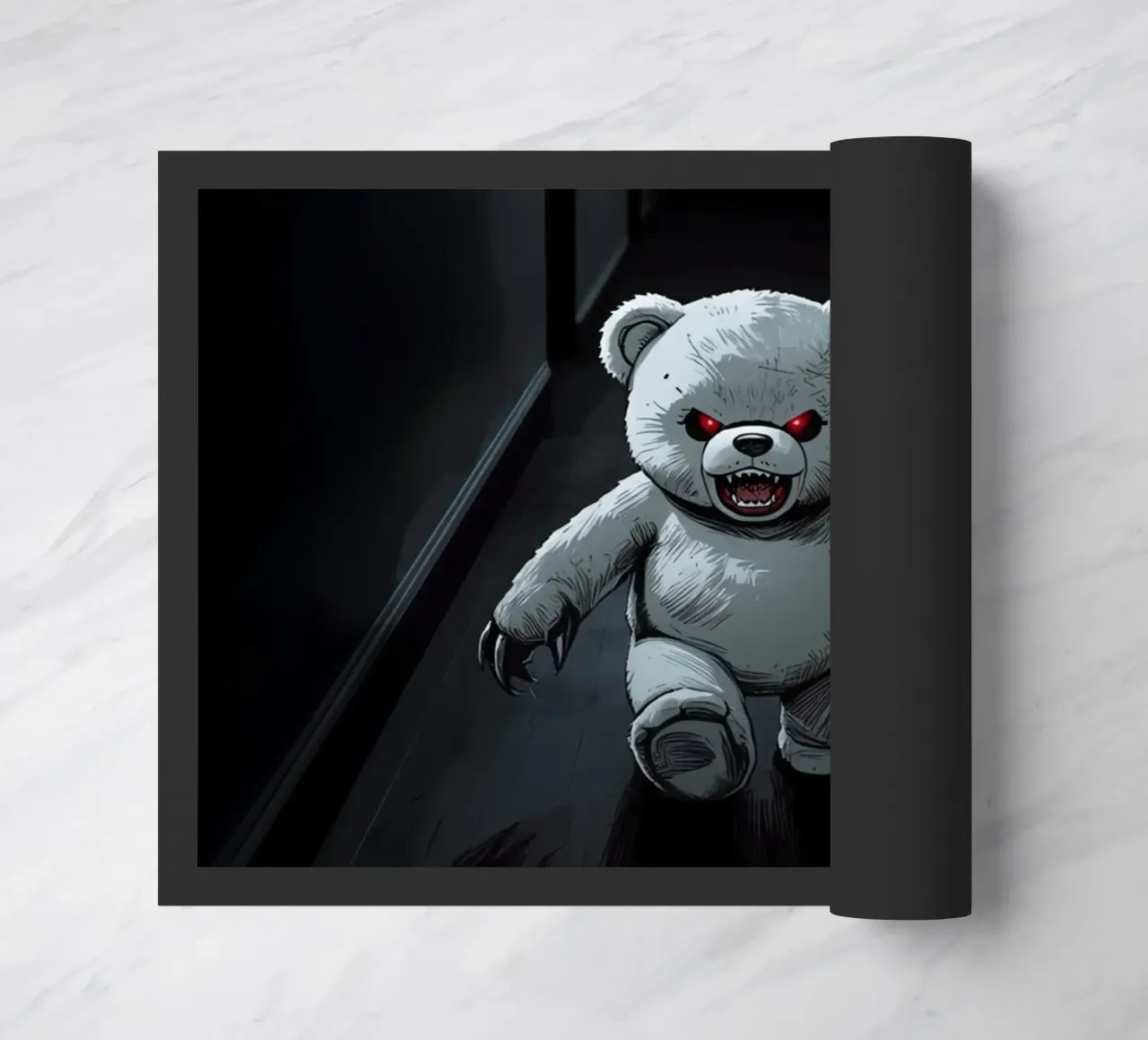 Orsacchiotto minaccioso in un corridoio buio con testo RUN zerbino da DesignDoodle