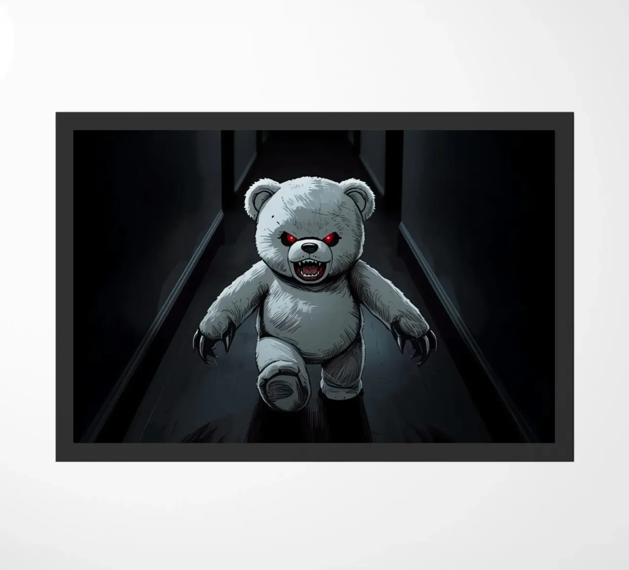 Orsacchiotto minaccioso in un corridoio buio con testo RUN zerbino da DesignDoodle