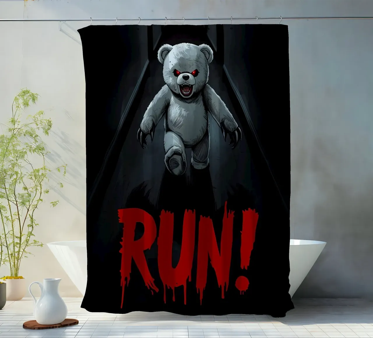 Orsacchiotto minaccioso in un corridoio buio con testo RUN tenda da doccia da DesignDoodle