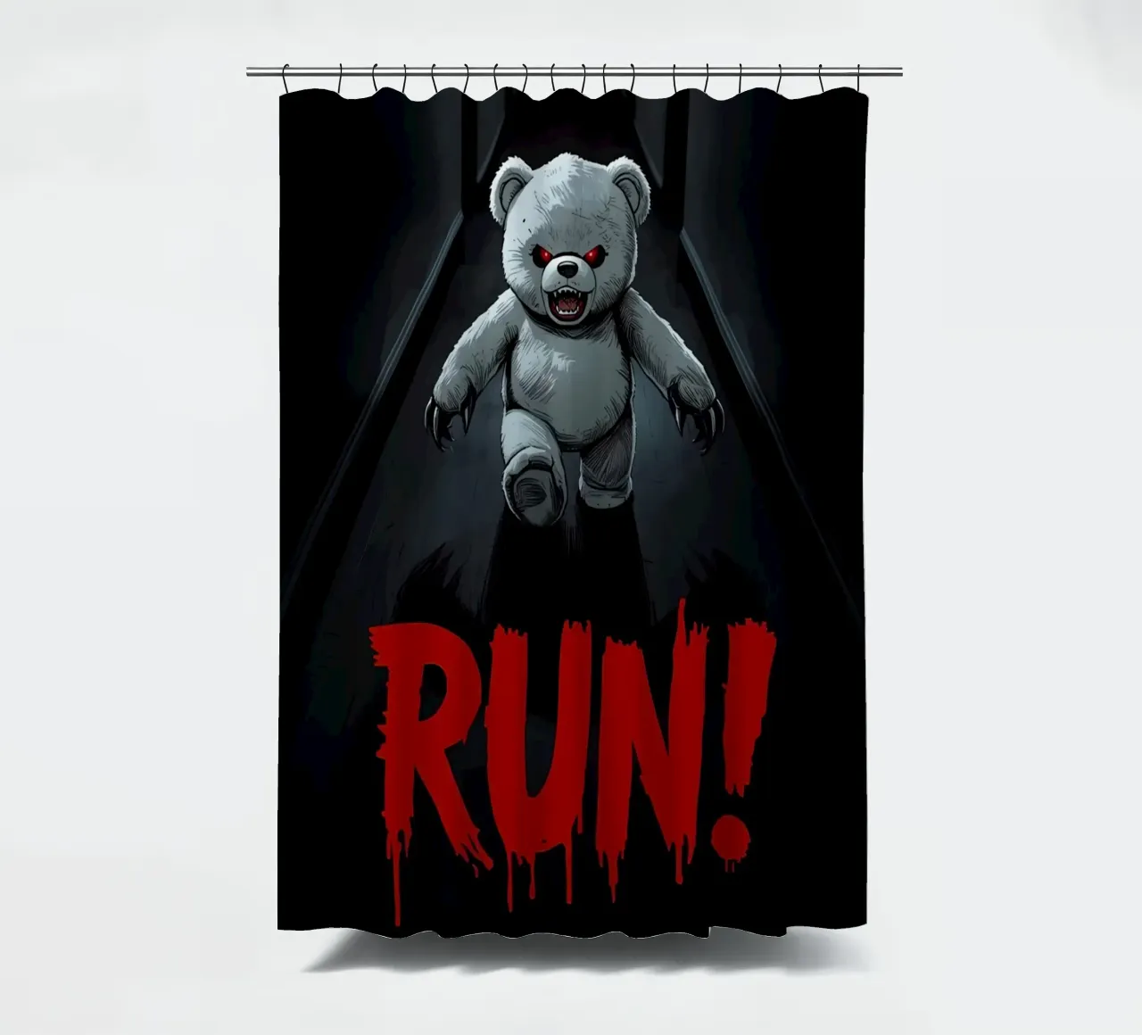 Orsacchiotto minaccioso in un corridoio buio con testo RUN tenda da doccia da DesignDoodle
