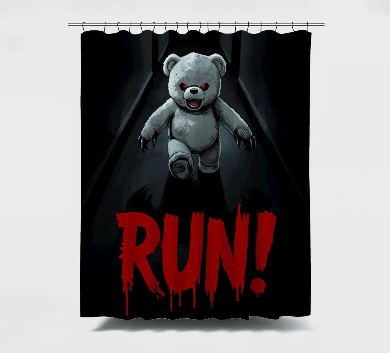 Orsacchiotto minaccioso in un corridoio buio con testo RUN tenda da doccia da DesignDoodle