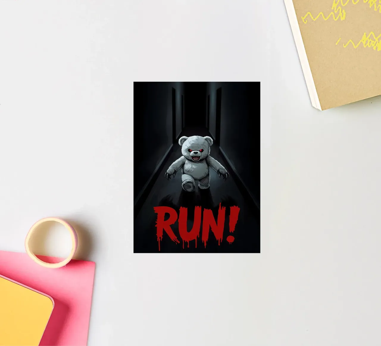 Orsacchiotto minaccioso in un corridoio buio con testo RUN adesivo da DesignDoodle