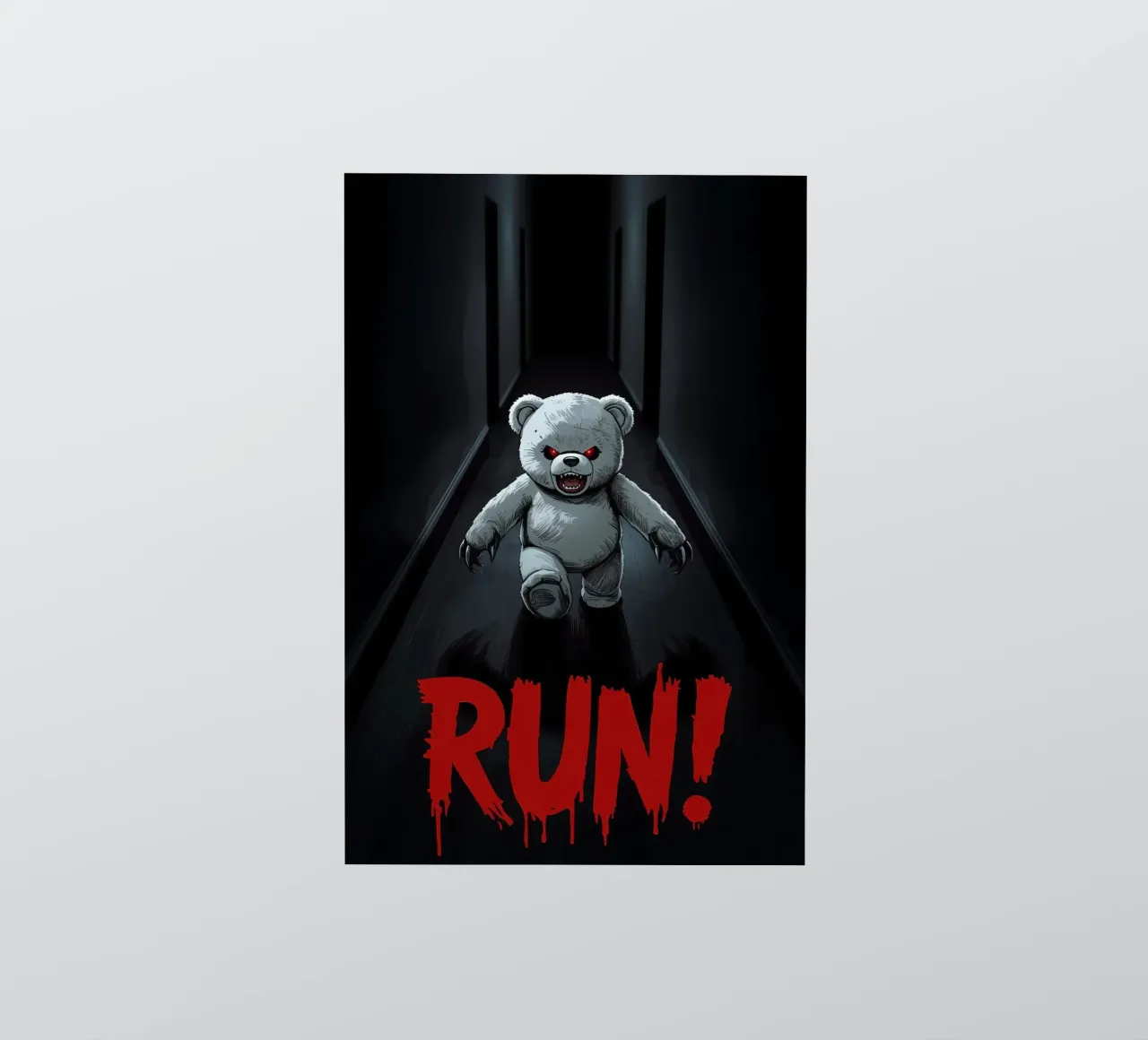 Orsacchiotto minaccioso in un corridoio buio con testo RUN adesivo da DesignDoodle