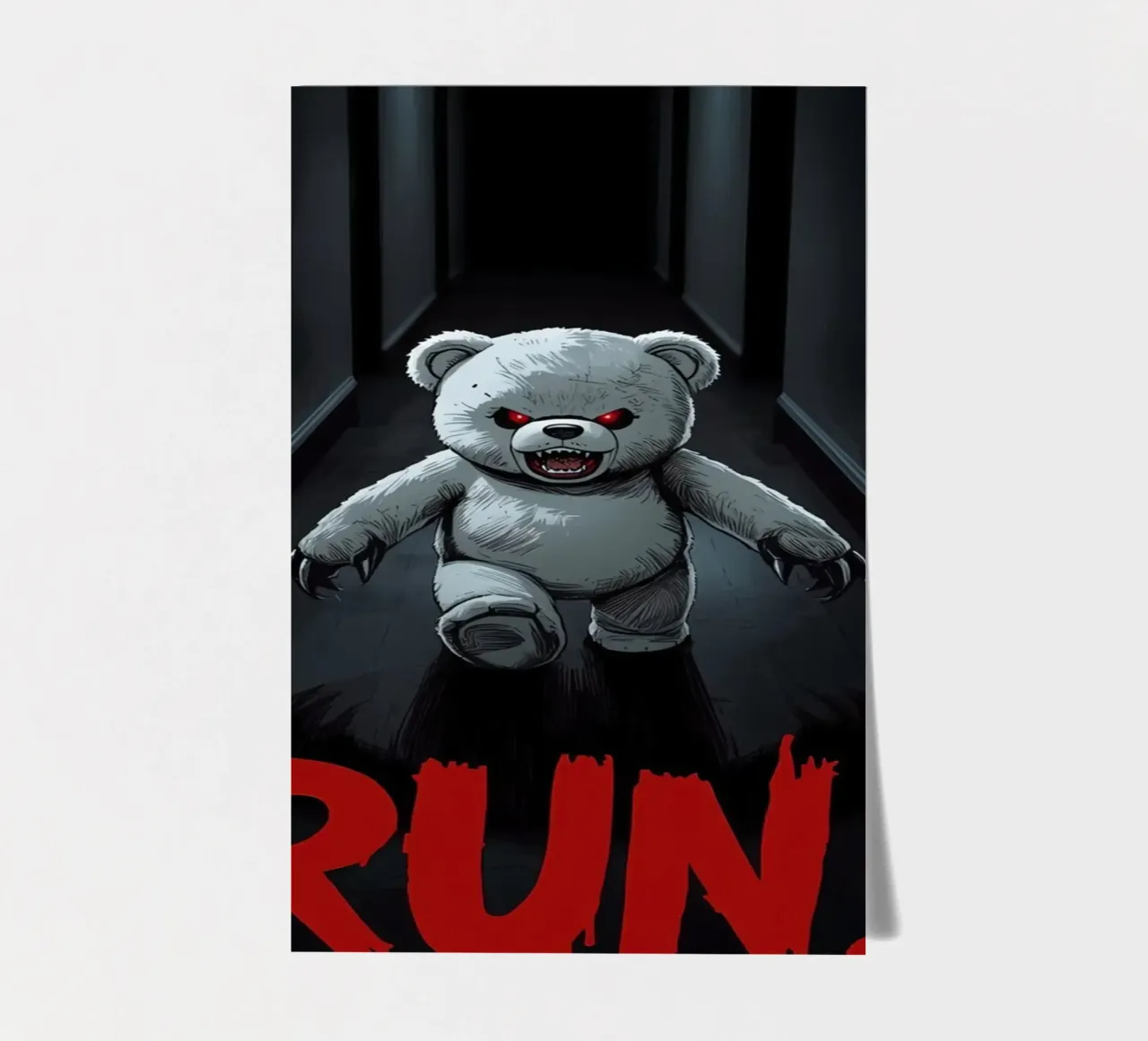Orsacchiotto minaccioso in un corridoio buio con testo RUN foglio adesivo da DesignDoodle