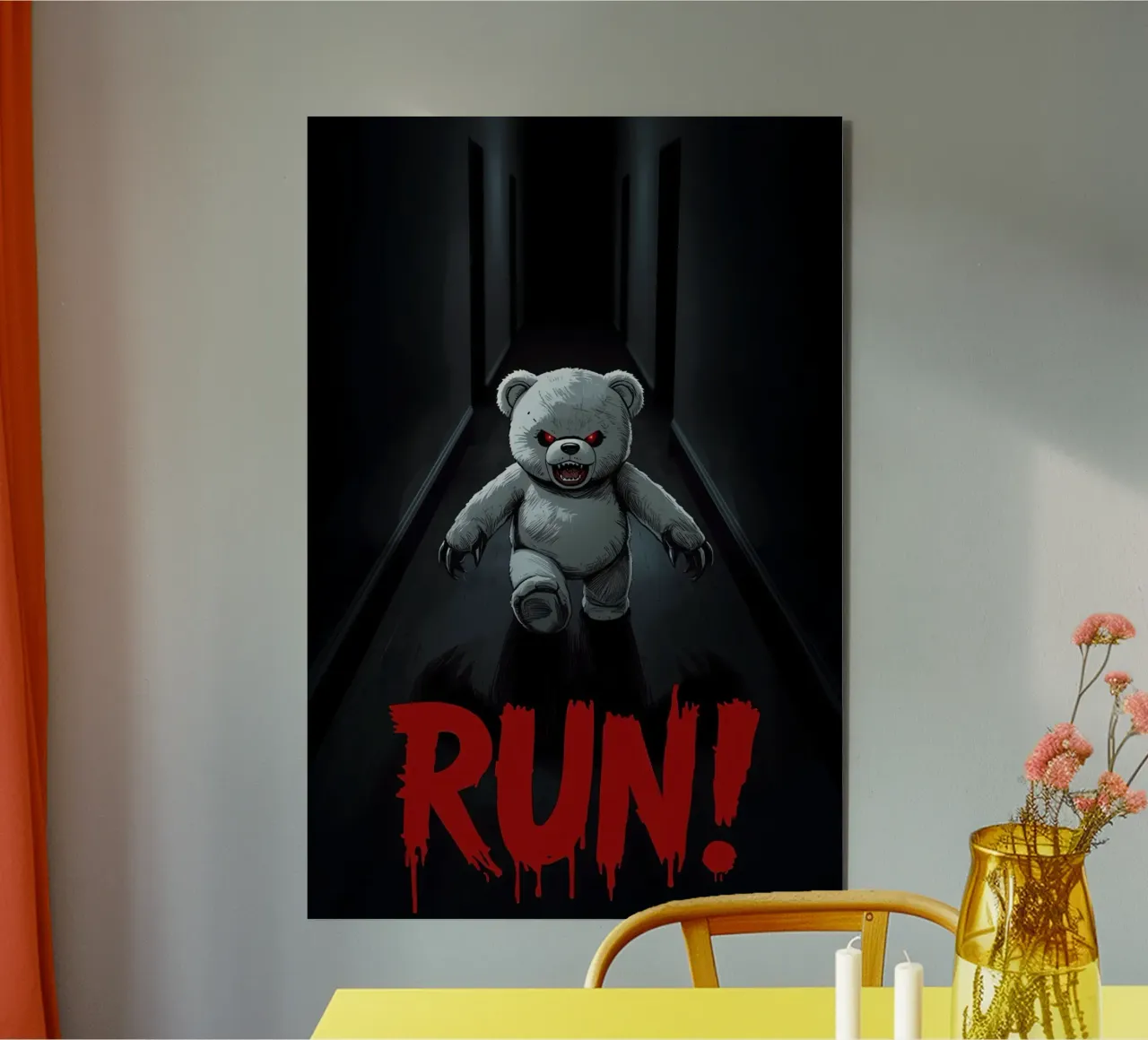 Orsacchiotto minaccioso in un corridoio buio con testo RUN pannello forex da DesignDoodle