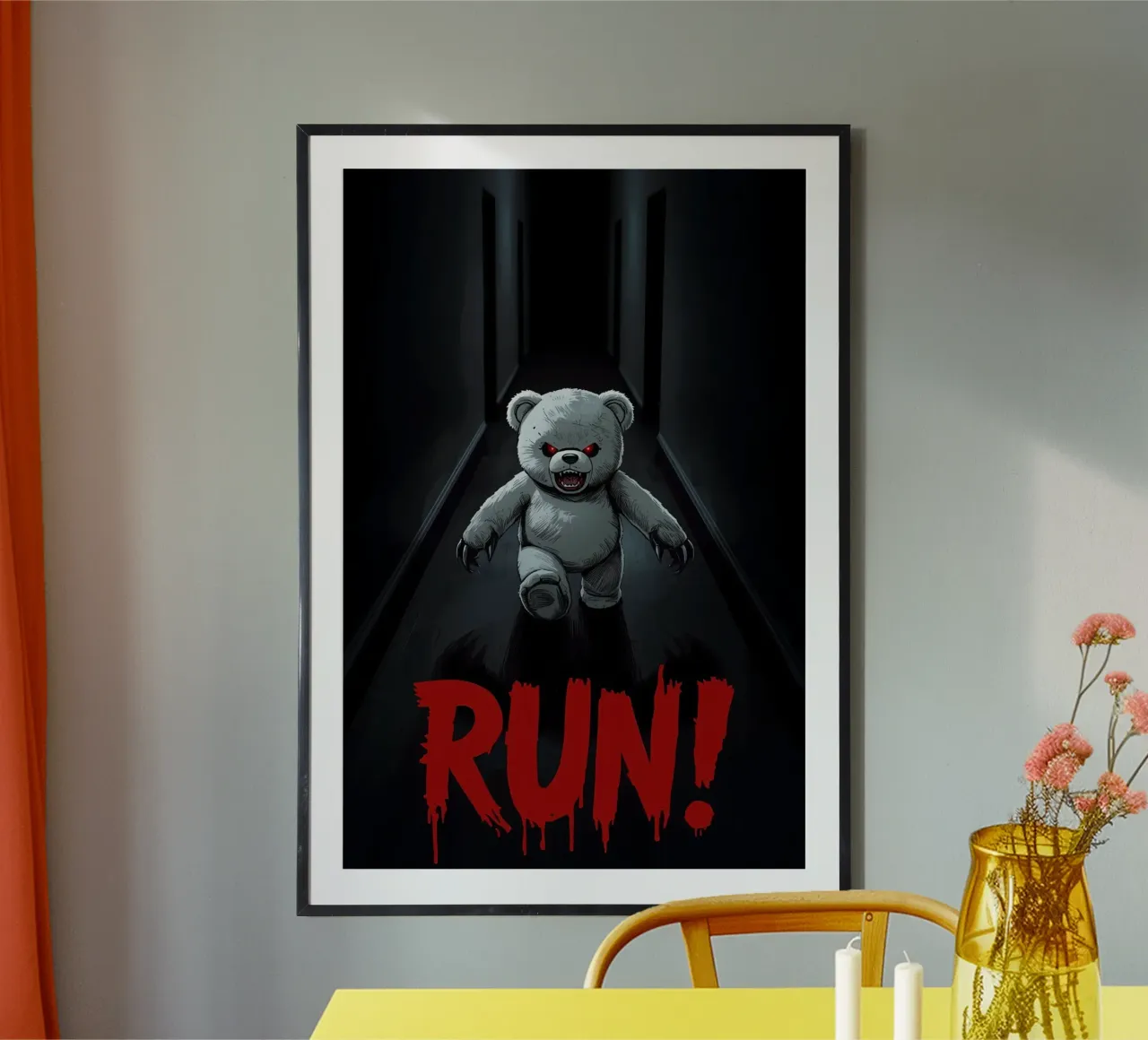 Menacing Teddy Bear in Dark Hallway with RUN Text hahnemühle by DesignDoodle