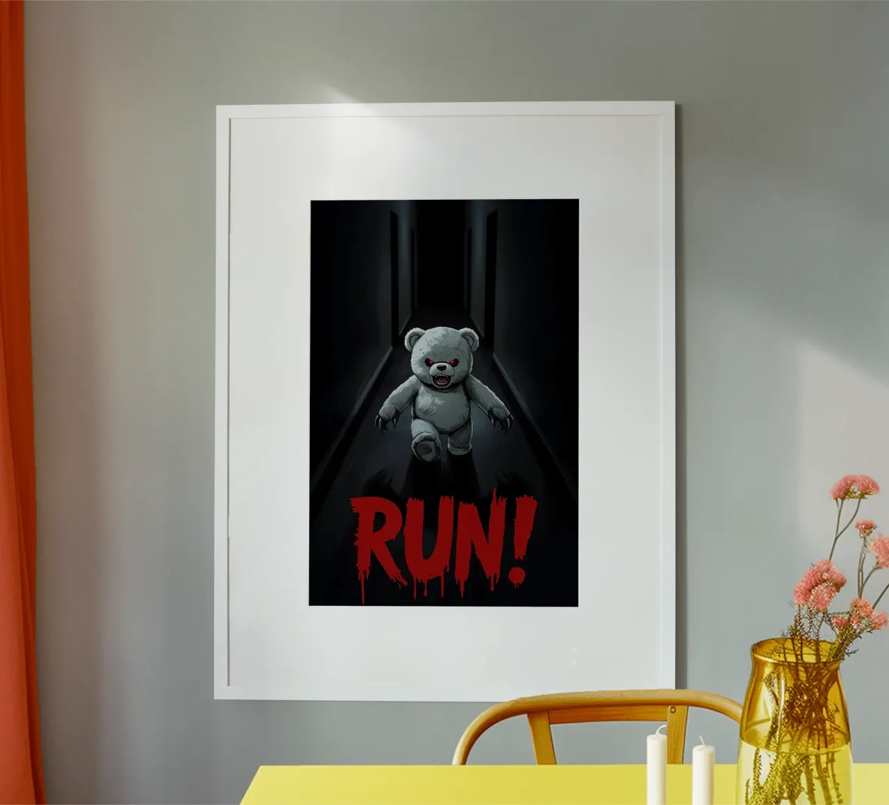 Menacing Teddy Bear in Dark Hallway with RUN Text hahnemühle by DesignDoodle