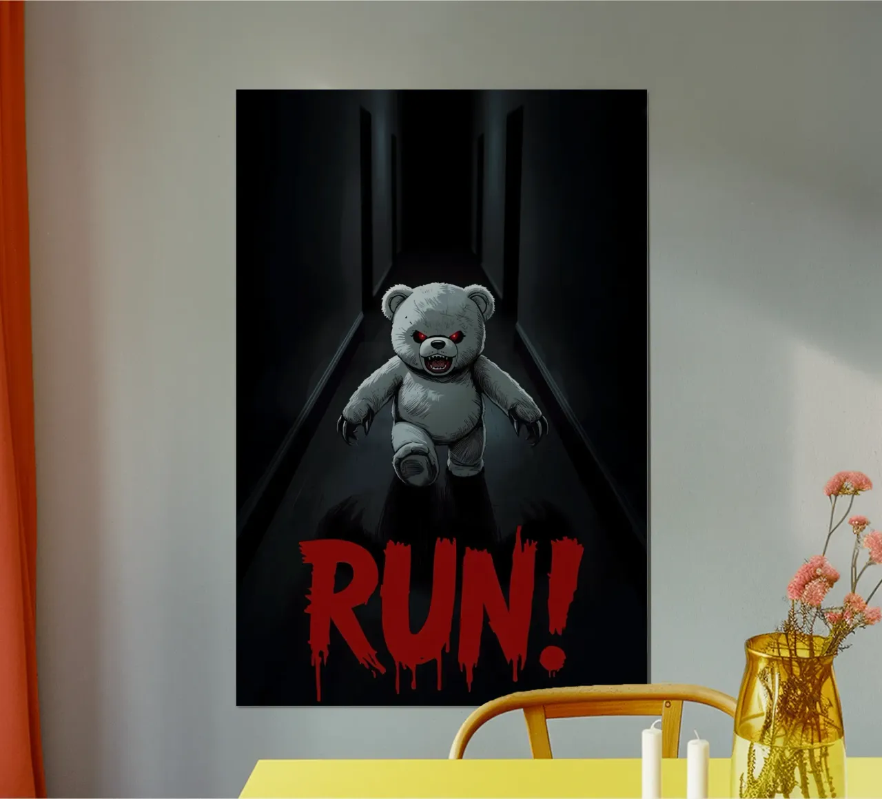 Menacing Teddy Bear in Dark Hallway with RUN Text hahnemühle by DesignDoodle