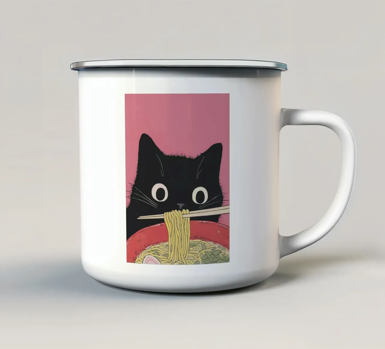 Gatto nero e ramen Kuro Neko Giappone su rosa | Poster da cucina tazza in smalto da Kaji