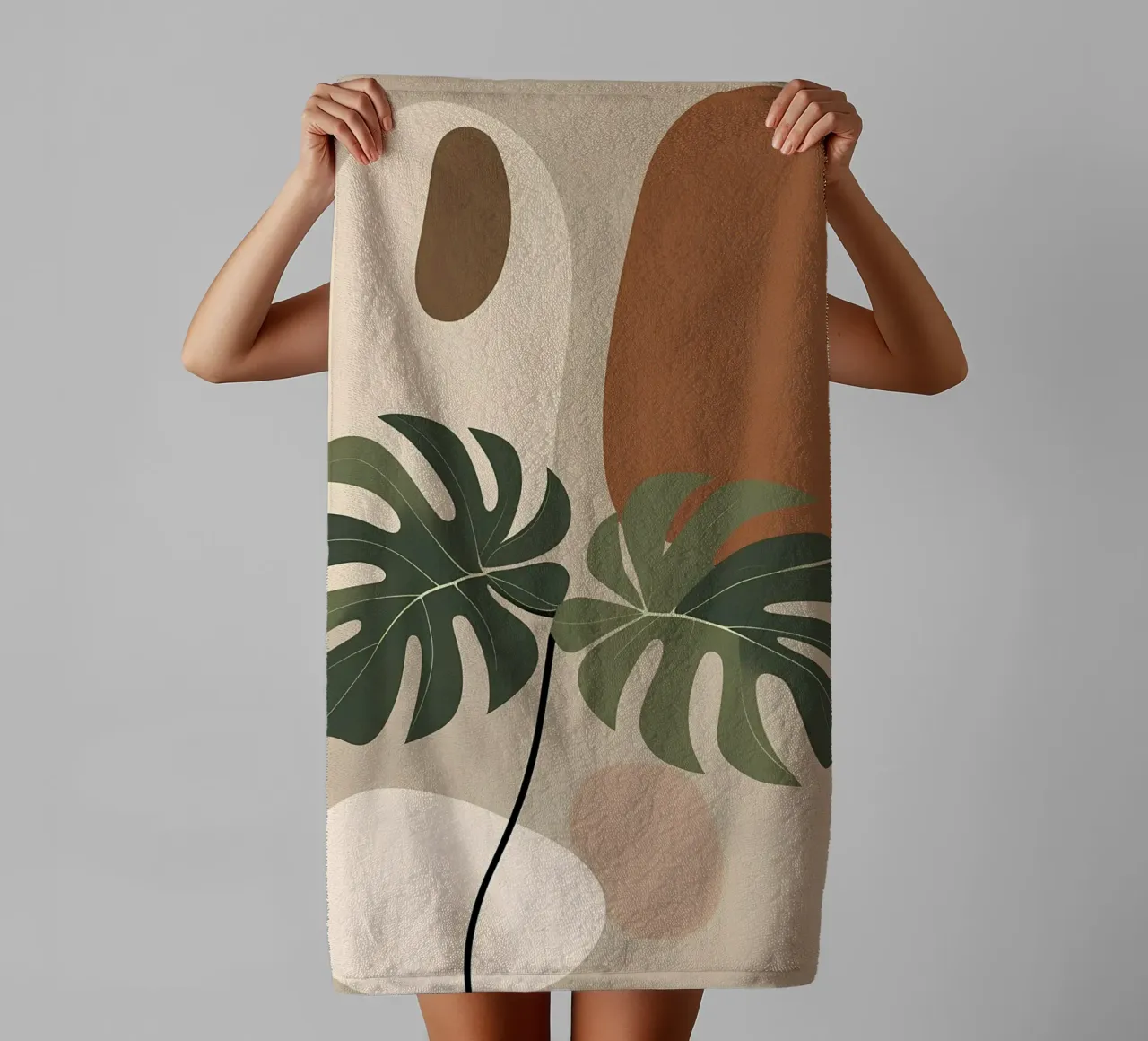 Minimalist Modern Boho Monstera Leaf Abstract towel by Bloom And Brush