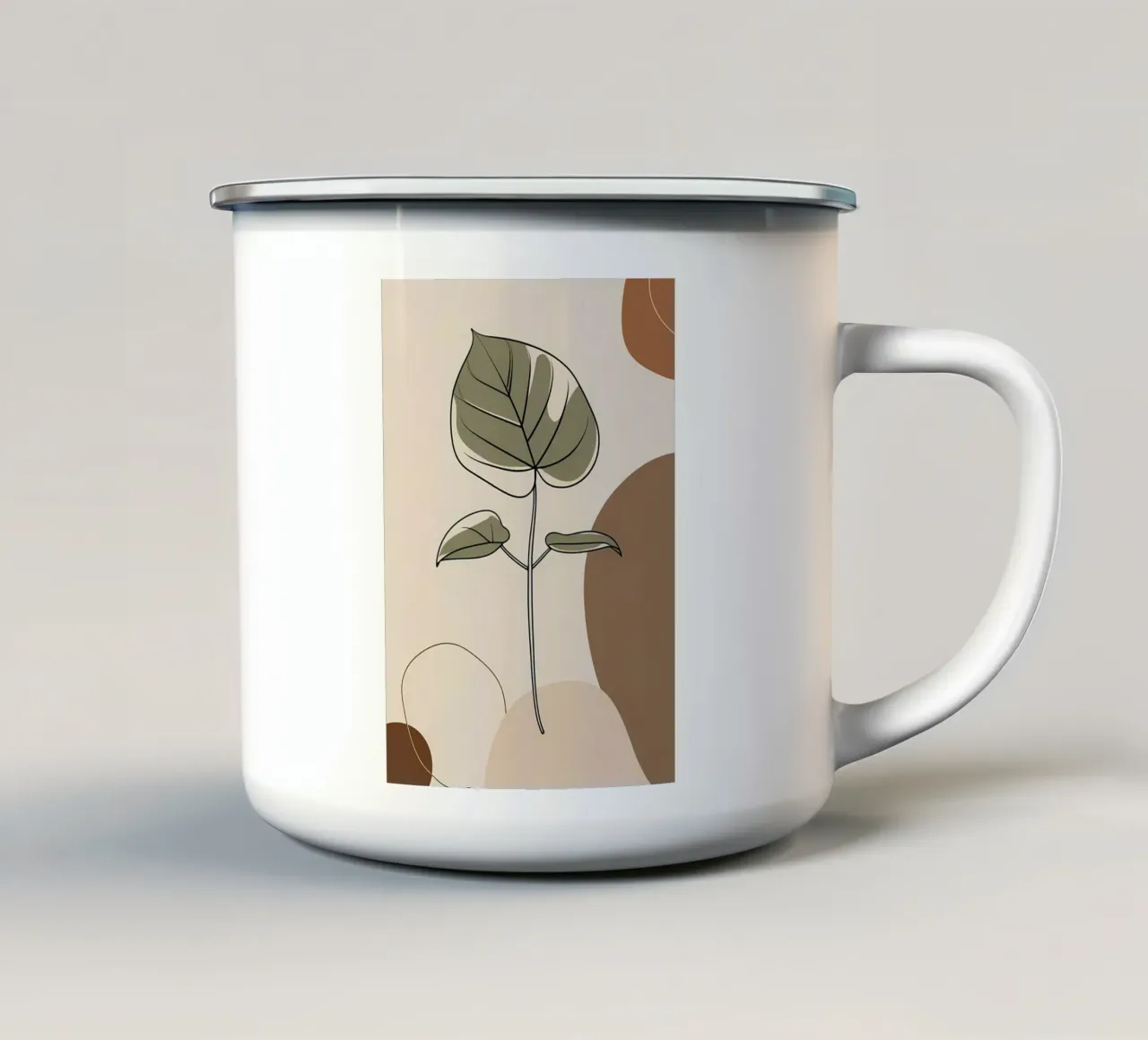 Minimalist one line drawing of a single Philodendron leaf enamel mug by Bloom And Brush