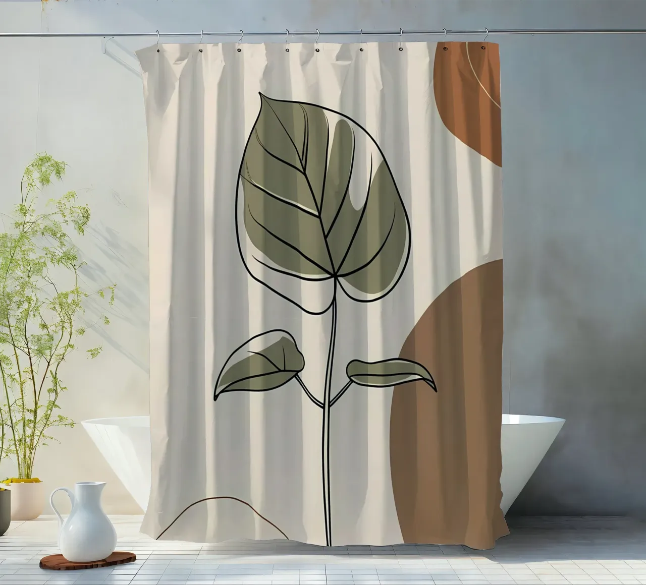 Disegno minimalista a una linea di una singola foglia di filodendro tenda da doccia da Bloom And Brush
