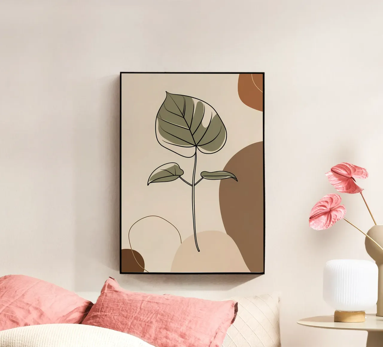 Disegno minimalista a una linea di una singola foglia di filodendro plexiglass da Bloom And Brush
