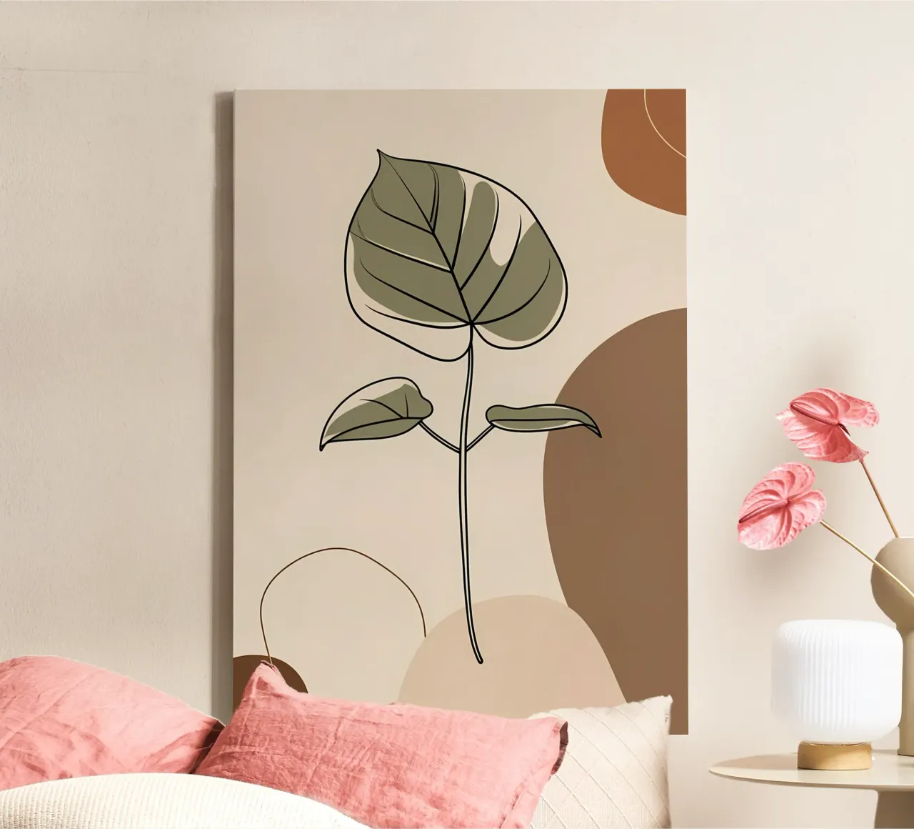Minimalist one line drawing of a single Philodendron leaf canvas by Bloom And Brush
