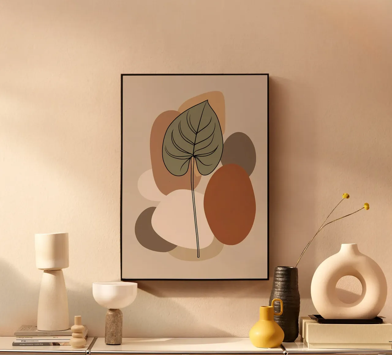 Disegno minimalista a una linea di una singola foglia di filodendro plexiglass da Bloom And Brush
