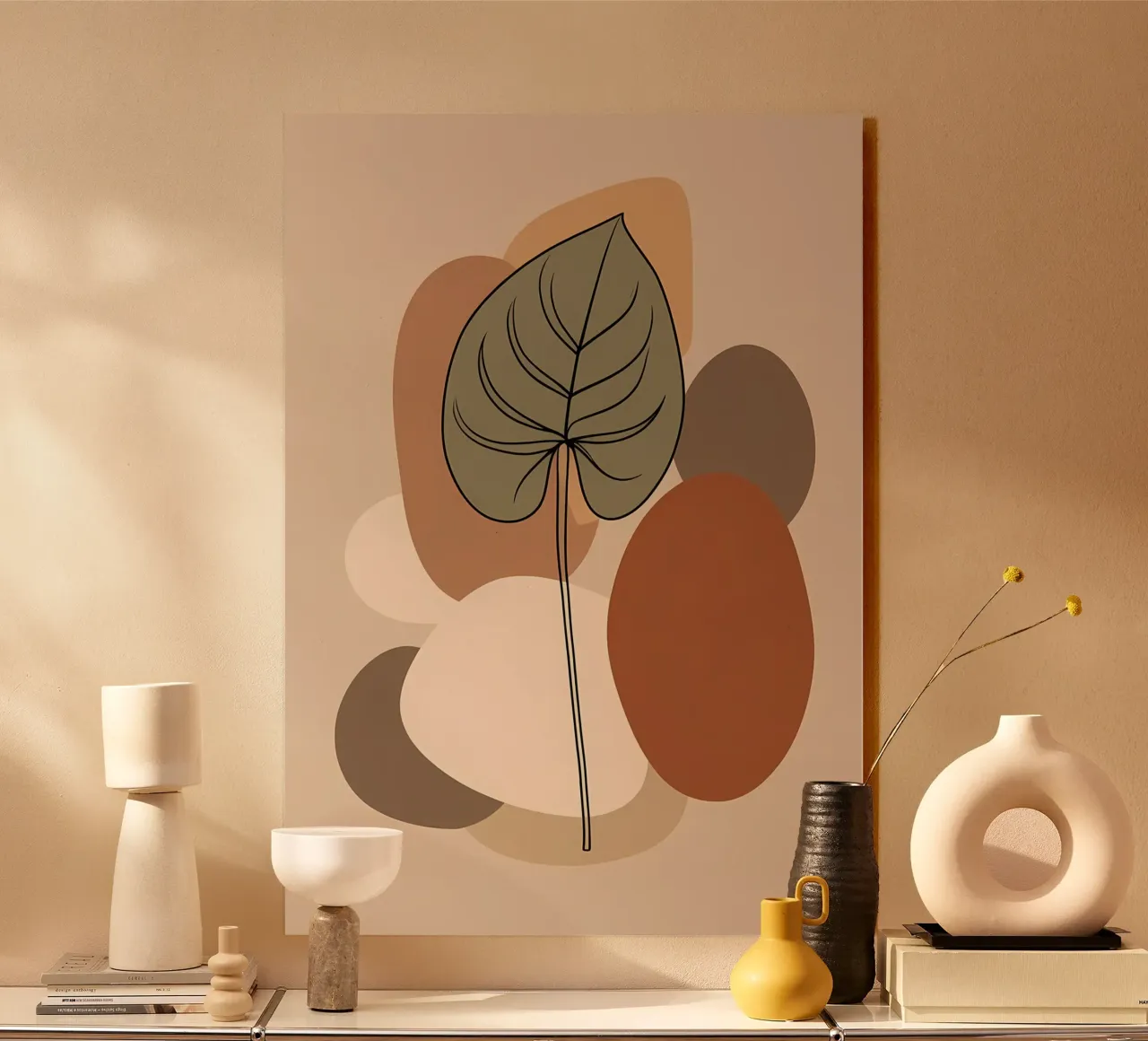 Disegno minimalista a una linea di una singola foglia di filodendro plexiglass da Bloom And Brush