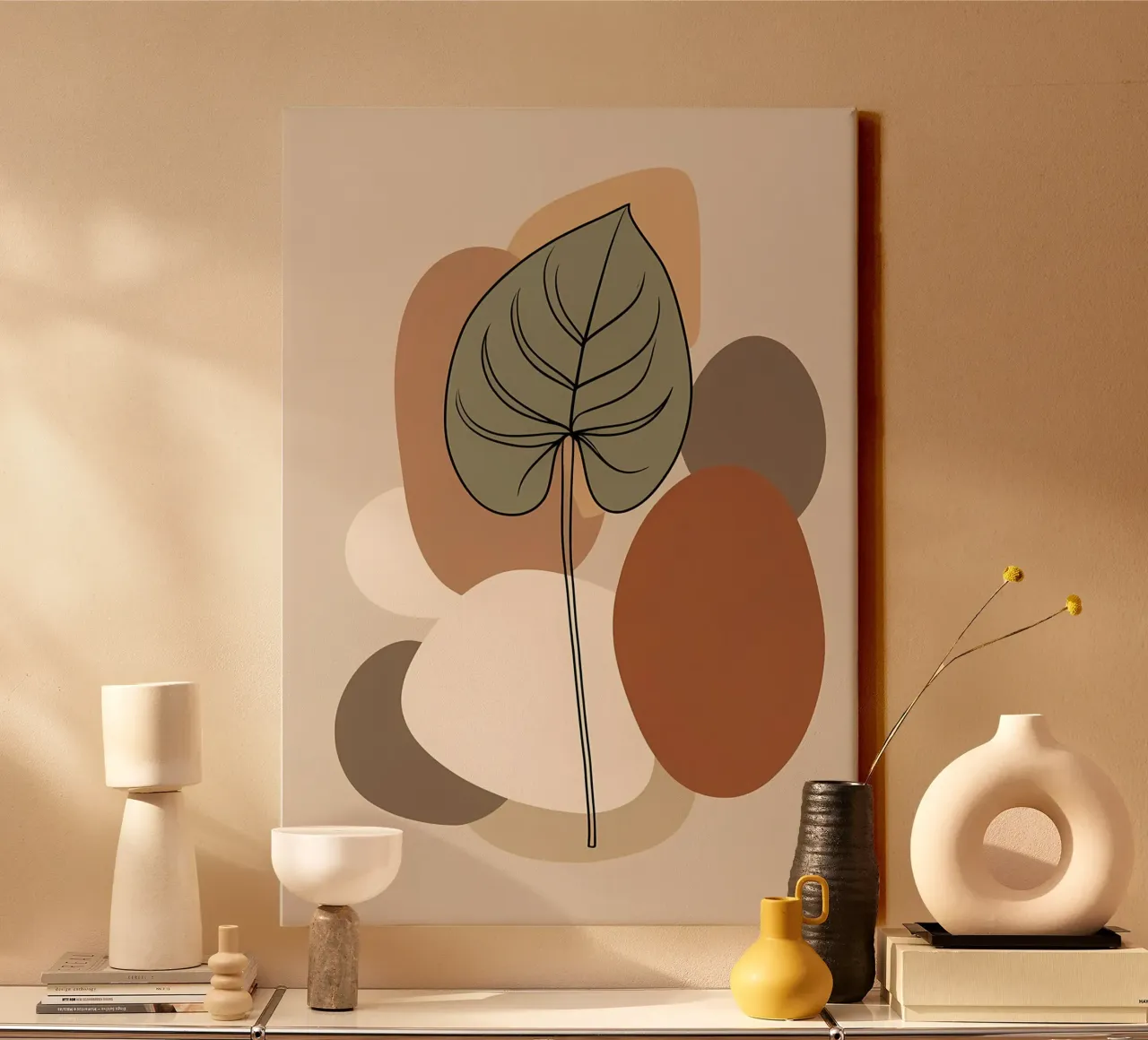 Minimalist one line drawing of a single Philodendron leaf canvas by Bloom And Brush
