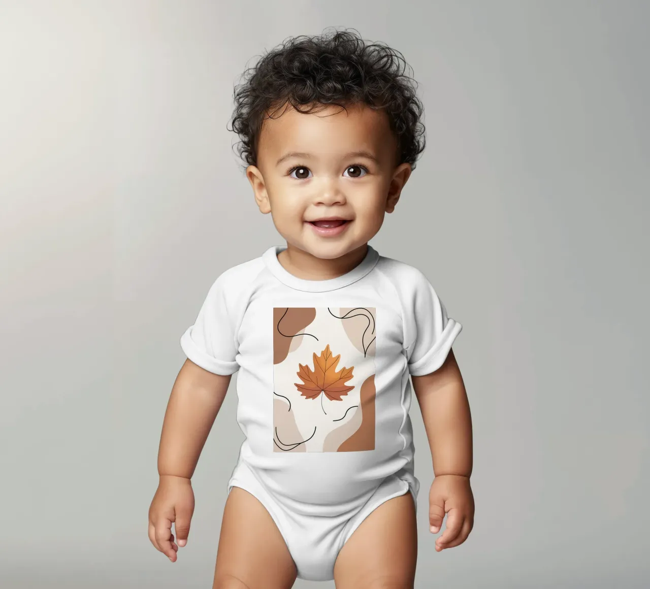 Minimalist one line drawing of a single maple leaf short-sleeve baby romper by Bloom And Brush
