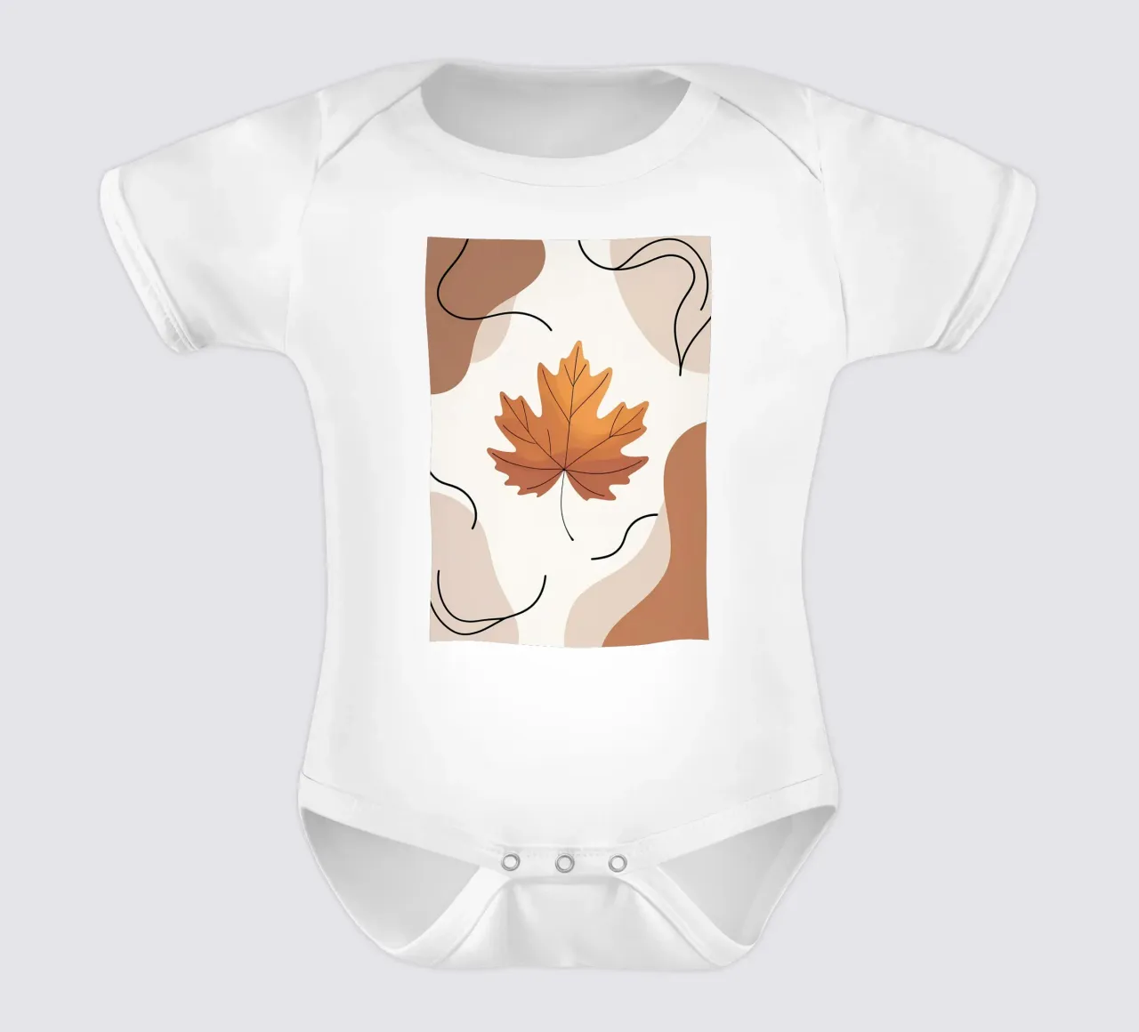 Minimalist one line drawing of a single maple leaf short-sleeve baby romper by Bloom And Brush