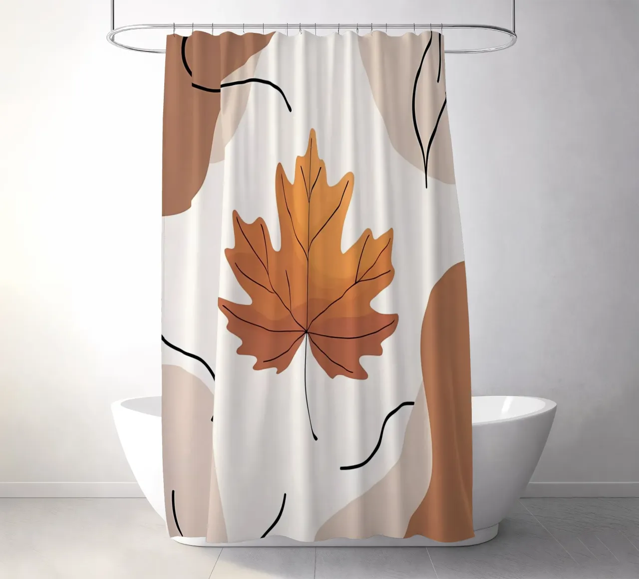 Minimalist one line drawing of a single maple leaf shower curtain by Bloom And Brush