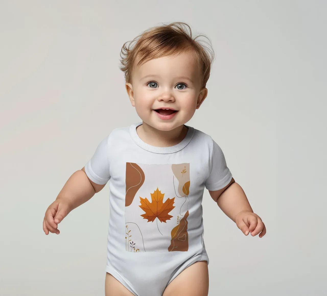 Minimalist one line drawing of a single maple leaf short-sleeve baby romper by Bloom And Brush