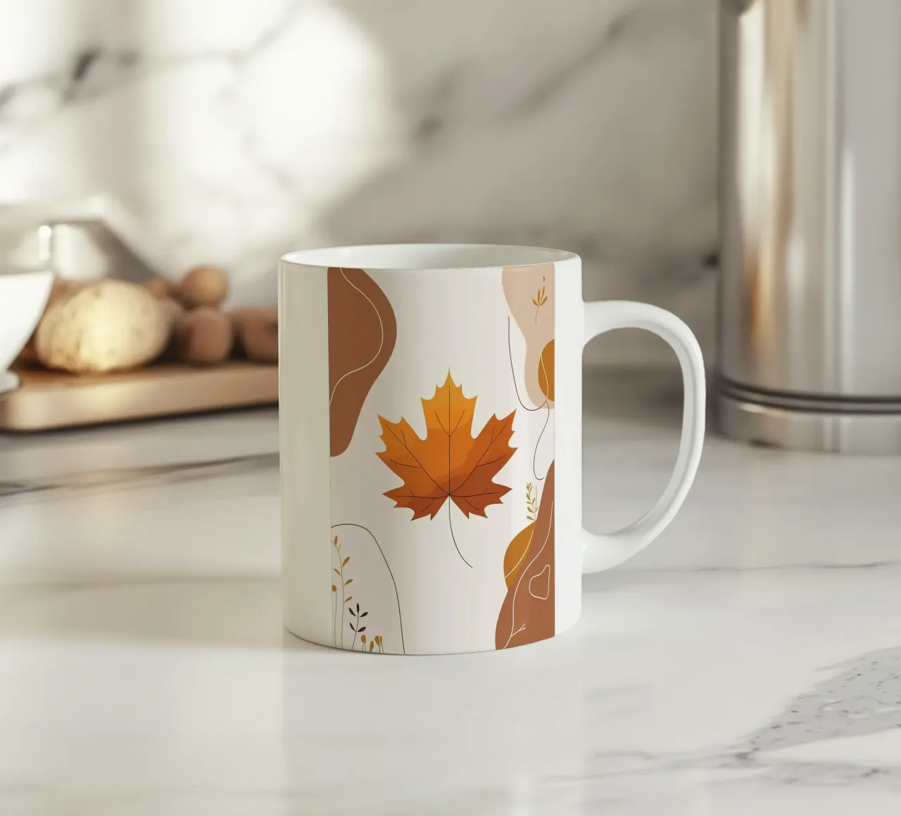 Minimalist one line drawing of a single maple leaf ceramic mug by Bloom And Brush