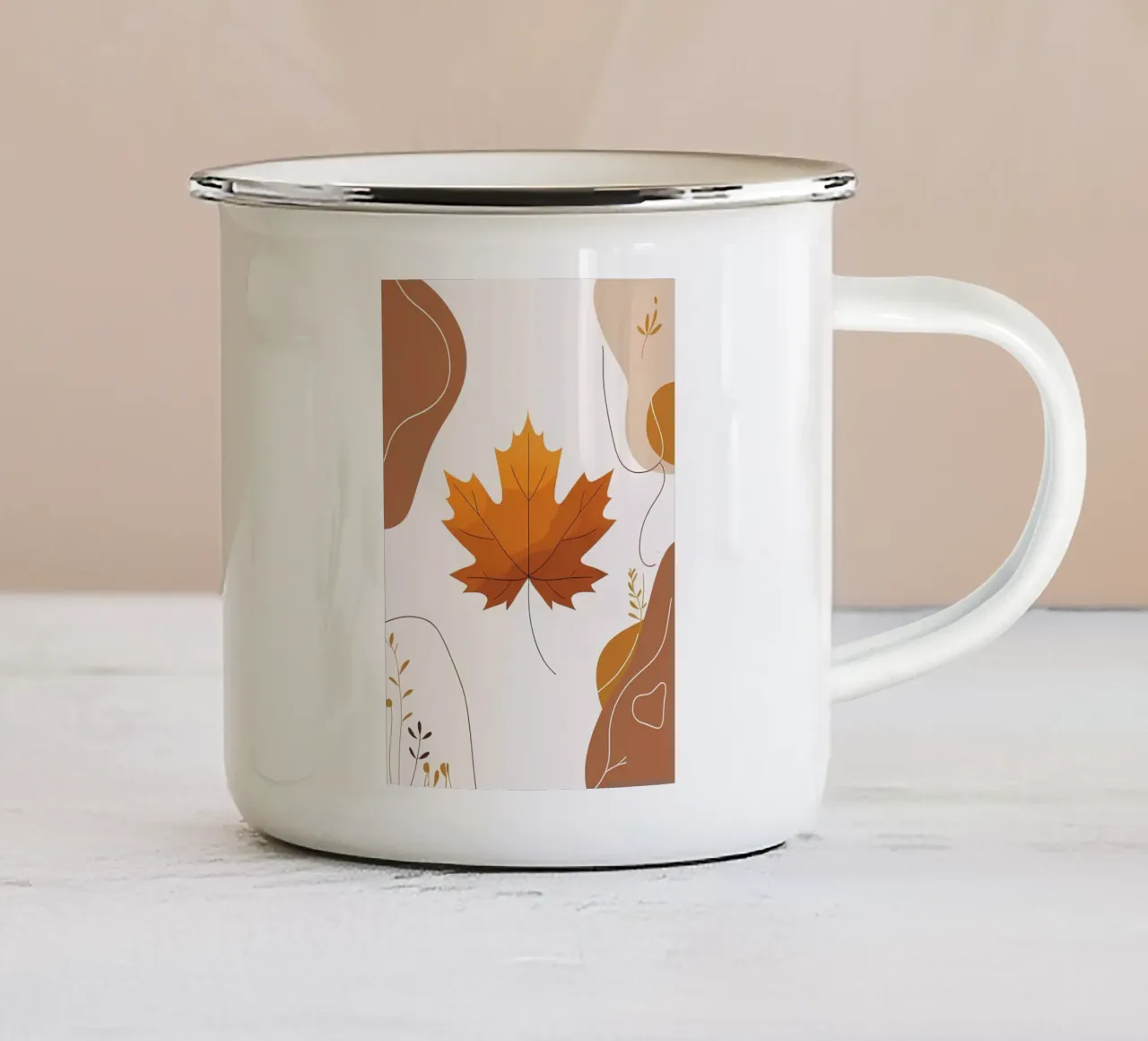 Disegno minimalista a una linea di una singola foglia d'acero tazza in smalto da Bloom And Brush