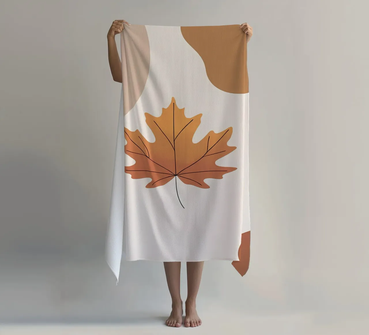 Minimalist one line drawing of a single maple leaf beach towel by Bloom And Brush