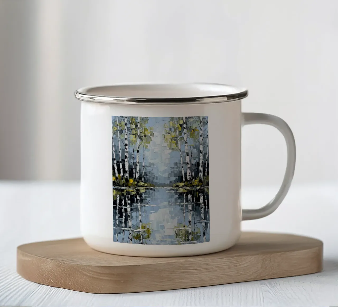 Sereno bosco di betulle: Un dipinto ad impasto strutturato tazza in smalto da Artistic-shop