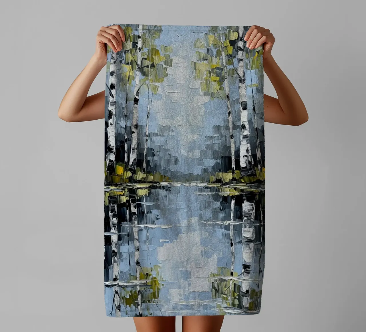Sereen berkenbos: Een structuurschilderij in impasto badhanddoek van Artistic-shop