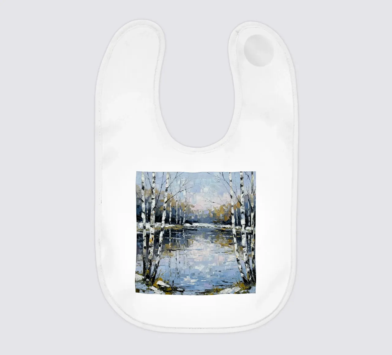 L'abbraccio dell'inverno: Un sereno bosco di betulle riflesso bavaglino da Artistic-shop