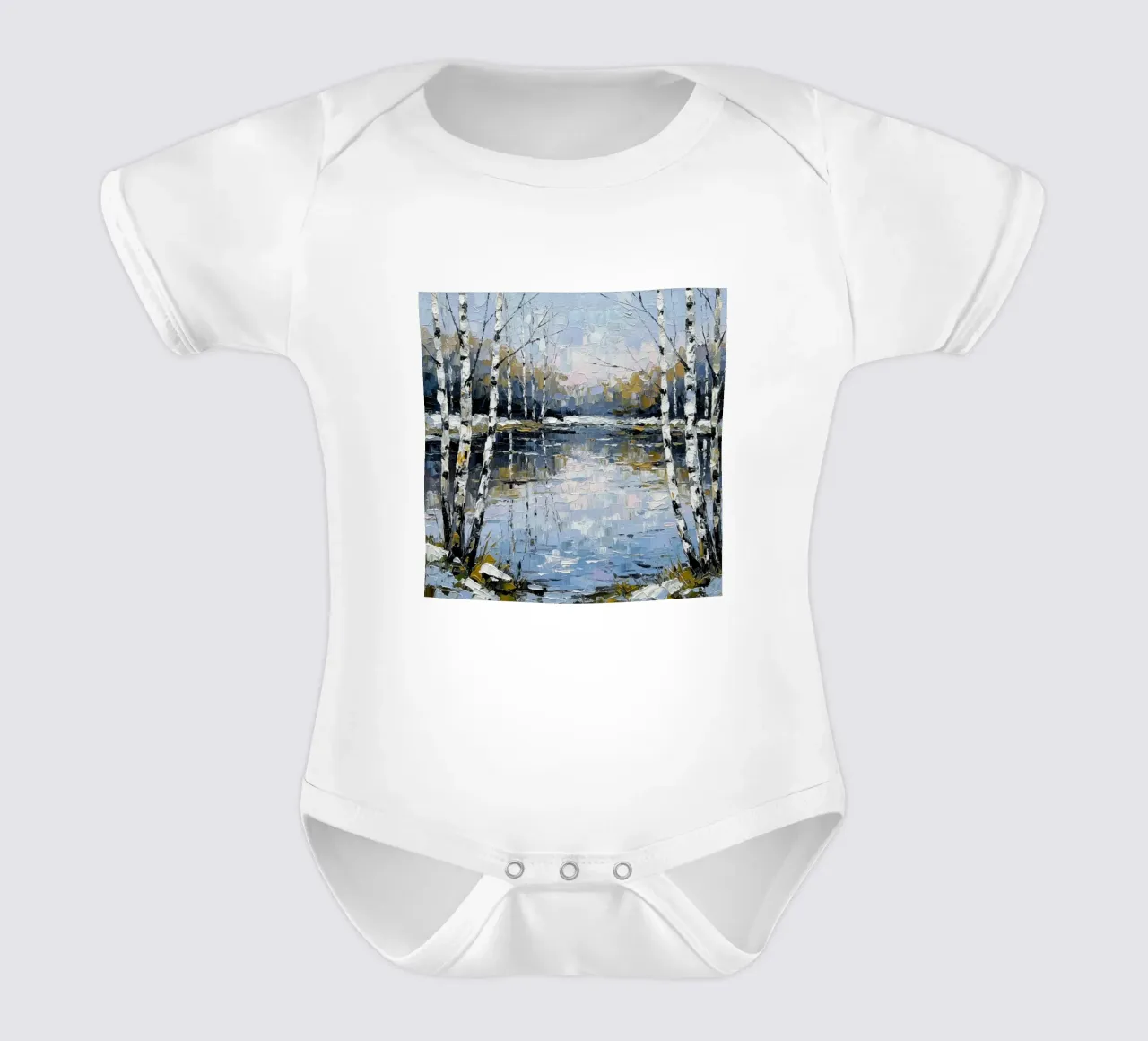L'abbraccio dell'inverno: Un sereno bosco di betulle riflesso body neonato maniche corte da Artistic-shop