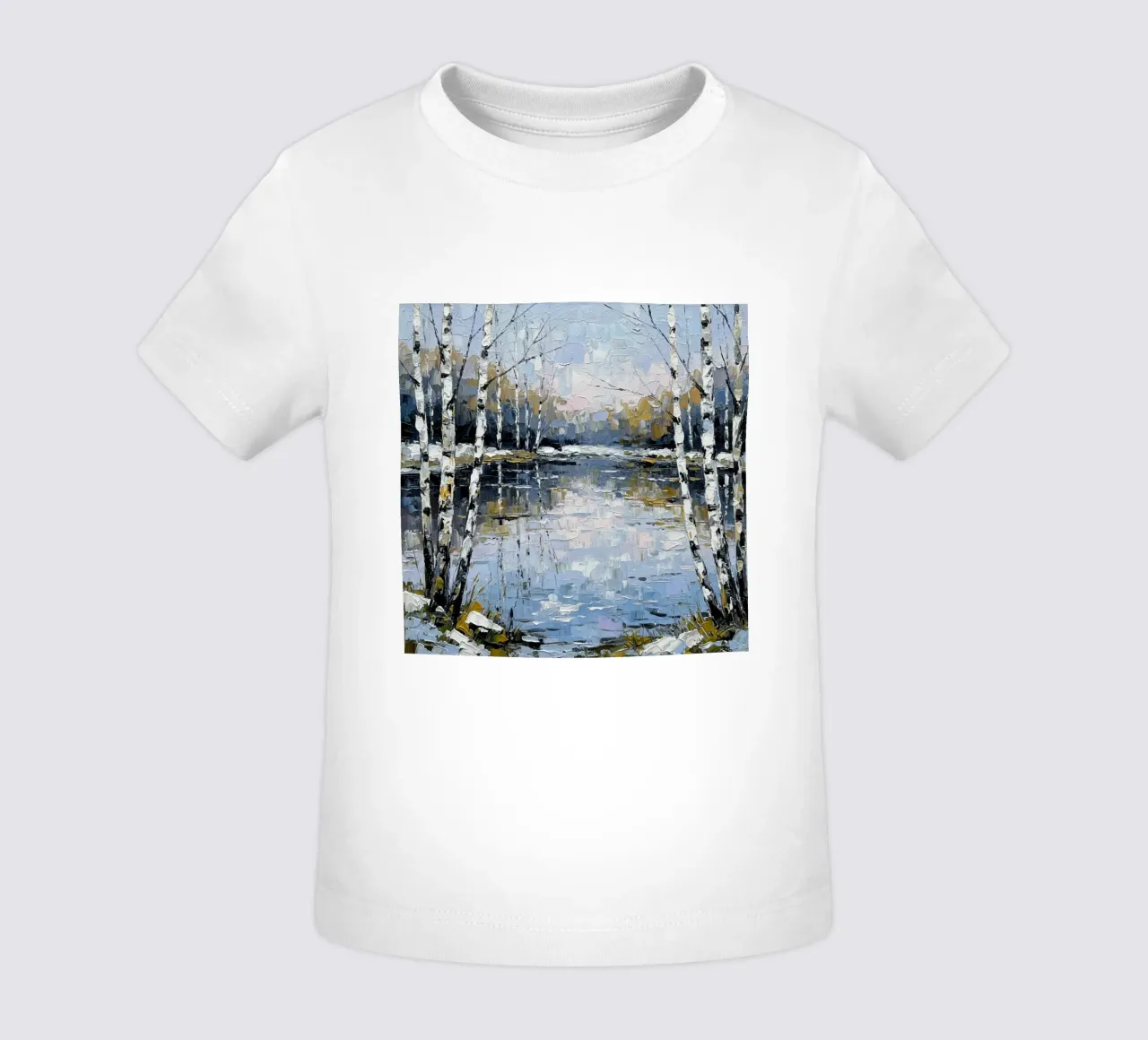 L'abbraccio dell'inverno: Un sereno bosco di betulle riflesso maglietta neonato da Artistic-shop