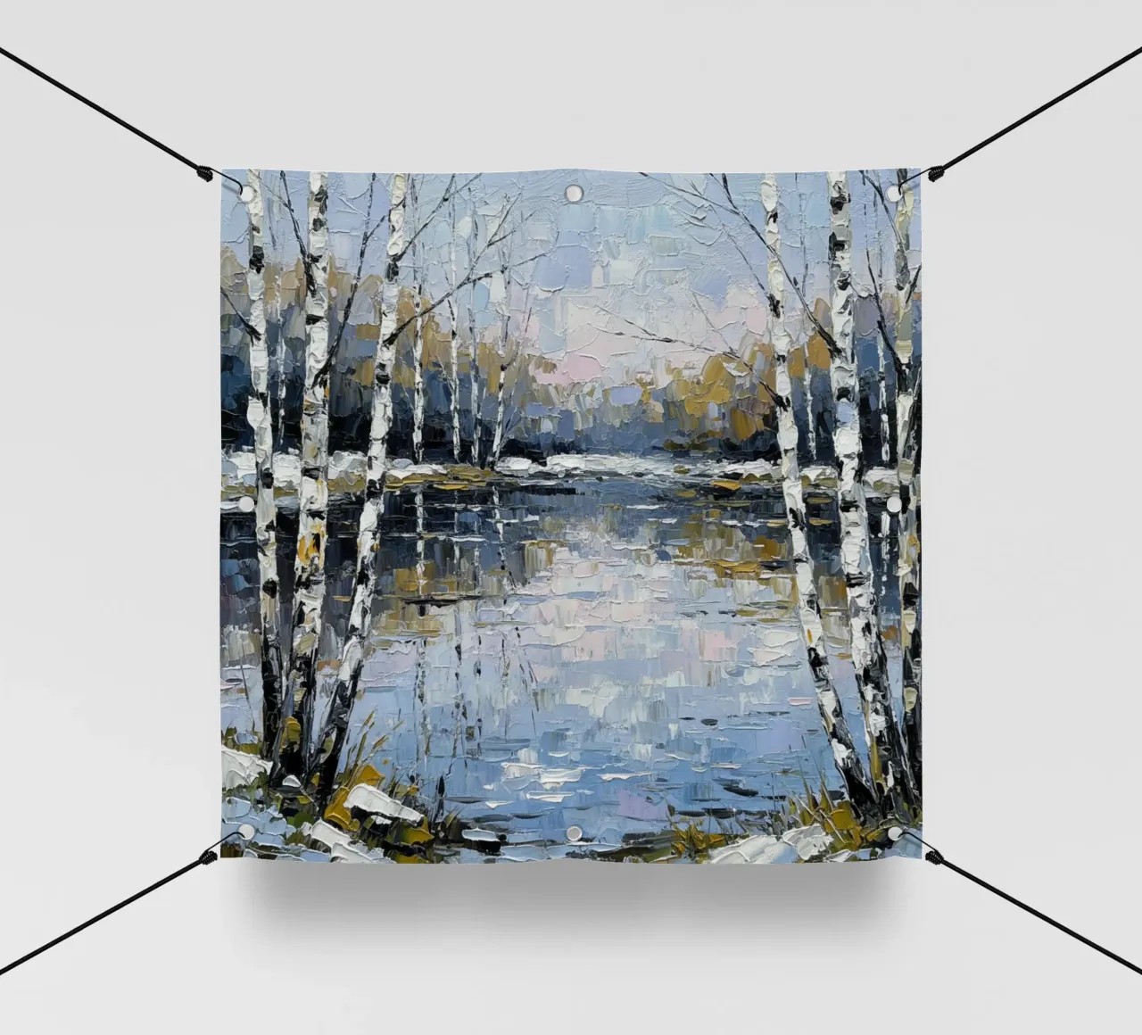 L'abbraccio dell'inverno: Un sereno bosco di betulle riflesso telo in pvc da Artistic-shop